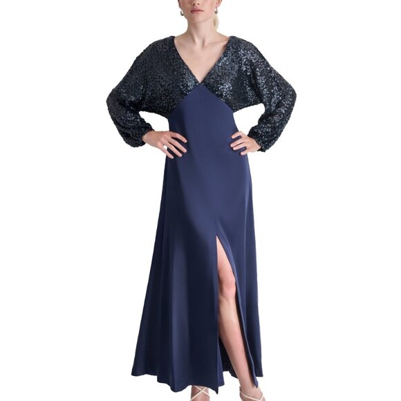 DKNY Women's Sequin Embellished Blouson-Sleeve Gown – Spring Navy – NWT 14 - Picture 2 of 5